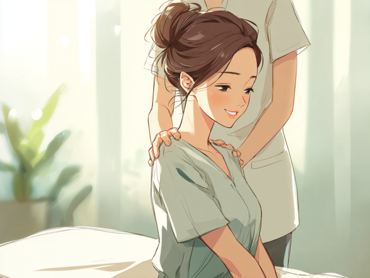 関節や筋膜の調整を受けて、肩まわりが軽くなったと感じている日本人女性。整体院の明るい院内でリラックスした表情を見せ、関節内部と筋膜の両面から整う施術の効果を実感している様子