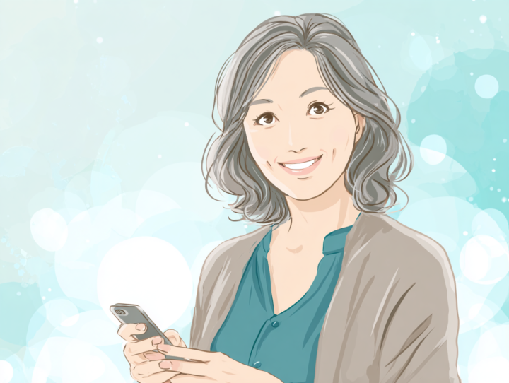 スマートフォンを持って笑顔の50代日本人女性　健康的で明るい表情　整体やストレッチスタジオの体験者イメージ　背景が明るいリラクゼーション雰囲気