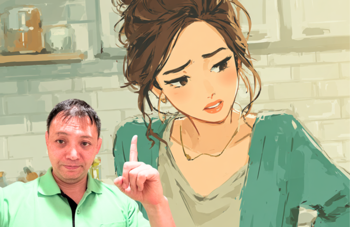 整体師の男性がポイントを指し示し、後ろで悩む女性が描かれたイラスト。肩こり・腰痛などの原因を説明する場面に使える画像