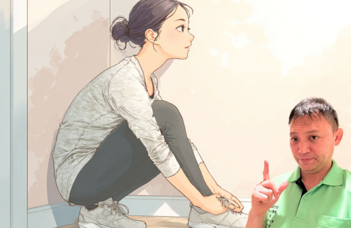 靴紐を結ぶためにしゃがんだ姿勢の日本人女性イラスト|股関節の使い方と正しいしゃがみ動作のポイント説明
