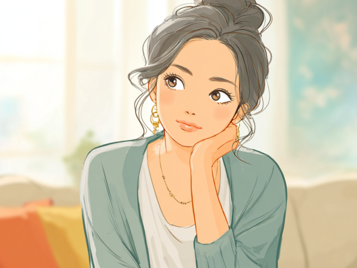 整体に通う回数について考えている日本人女性。明るい室内で穏やかな表情を浮かべながら“何回くらい通えば良くなるのかな?”と考えている様子。整体やストレッチスタジオの相談イメージ