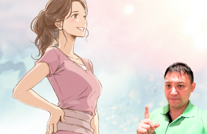 腰にコルセットを巻いた日本人女性が笑顔で前向きな表情を見せるイラストと、整体師の男性が指を立てて注意を促す構図。ぎっくり腰の予防や正しい対策を伝えるイメージ