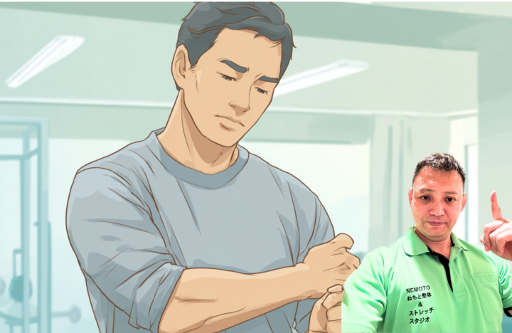 肘が上がるか確認している男性