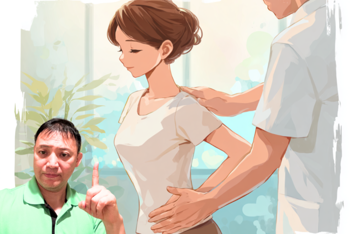 整体院でストレッチ指導を受ける40代日本人女性のイラスト。整体師が優しく姿勢を整え、腰と背中のケアをサポート。明るく清潔な院内で、腰痛予防と正しい姿勢づくりを表現