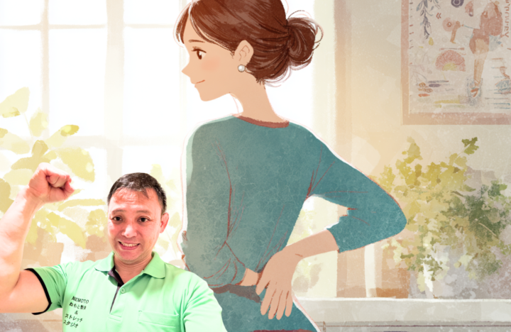 腰痛の違和感を感じた女性が明るい部屋で腰に手を当て、整体師が笑顔で応援するイラスト。ぎっくり腰の予防と早めの対処で健康を守るイメージ。ねもと整体＆ストレッチスタジオの腰痛予防・健康維持サポート