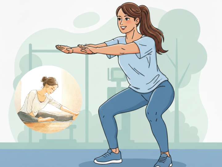 女性が屋外でスクワット運動をして下半身を鍛えているイラスト。背景にはストレッチする女性の姿が描かれ、柔軟性と筋力アップを表現