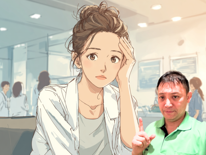 「頭痛や肩こりに悩む女性のイラストと、ねもと整体の院長が指導する様子。病院でも原因がわからない不調に対して整体で改善を目指すイメージ