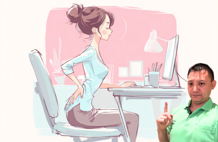 椅子に座って腰に手を当てている女性