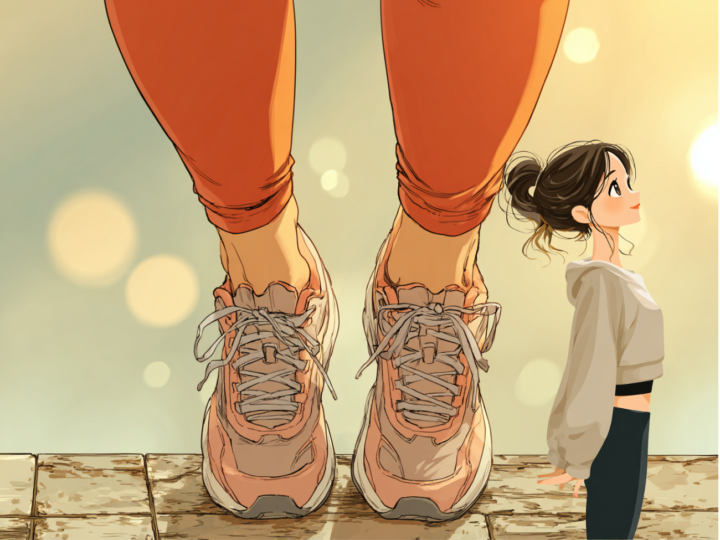 日本人女性が明るい背景の中でつま先立ち運動（カーフレイズ）を行っているイラスト。足とふくらはぎの動きを強調し、バランスよく姿勢を整えている様子。ふくらはぎの筋トレや血行促進、姿勢改善の解説に最適な健康イメージ