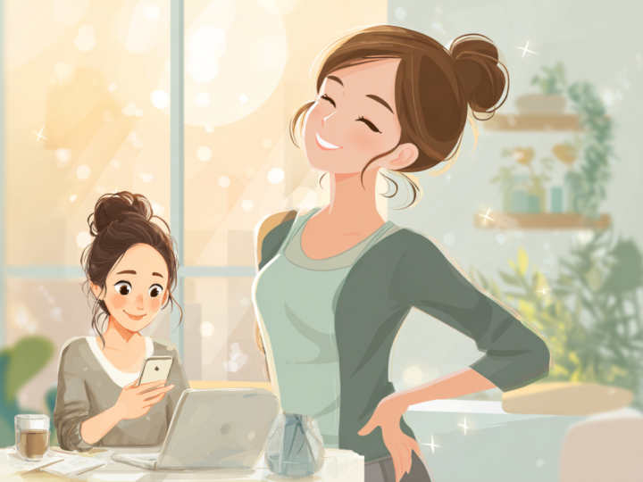 スマートフォンを見ながら笑顔で会話する女性たちのイラスト。明るい日差しの中でリラックスした雰囲気を表現し、整体後の心身の軽さや前向きな気持ちをイメージ