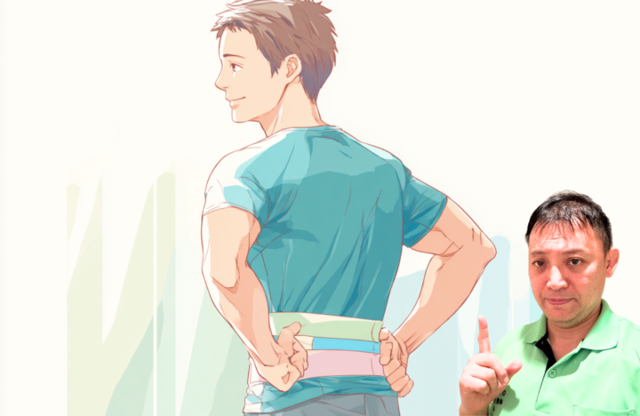 腰にトレーニングベルトを巻いて準備する男性イラスト|腰痛予防と正しいベルトの使い方