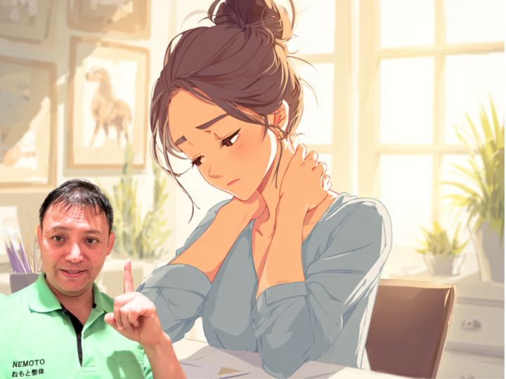 首や肩のこりからくる頭痛に悩む女性のイラストと、それを解説する整体師の写真。女性はデスクワーク疲れで首を押さえてつらそうな表情。整体師が原因や改善方法を指導する様子。ねもと整体による肩こり・頭痛改善のイメージ