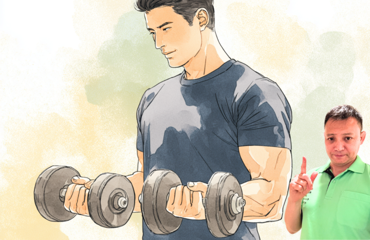 ダンベルを両手持っている４０代の男性