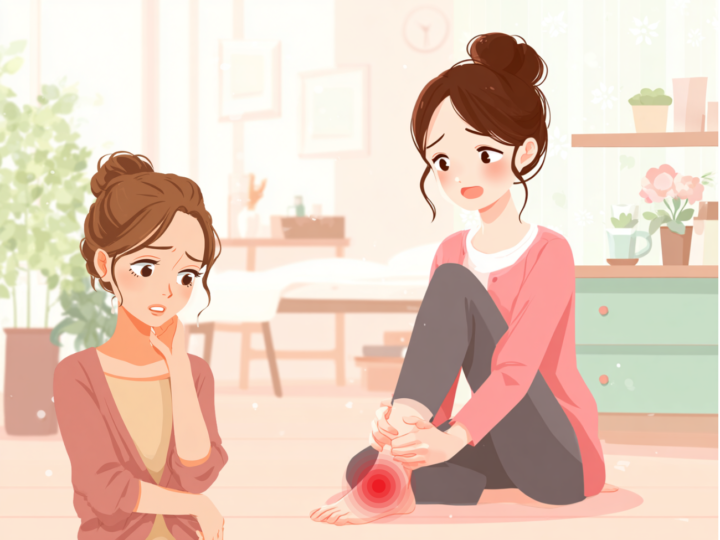 足首の痛みで悩む女性と、それを心配する友人のイラスト。足関節のねんざや慢性的な痛みを表現している。
