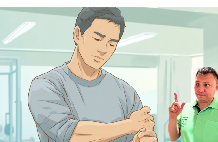 肘が上がるか確認している男性