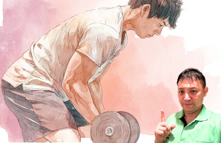 ダンベルを重そうに持っている男性