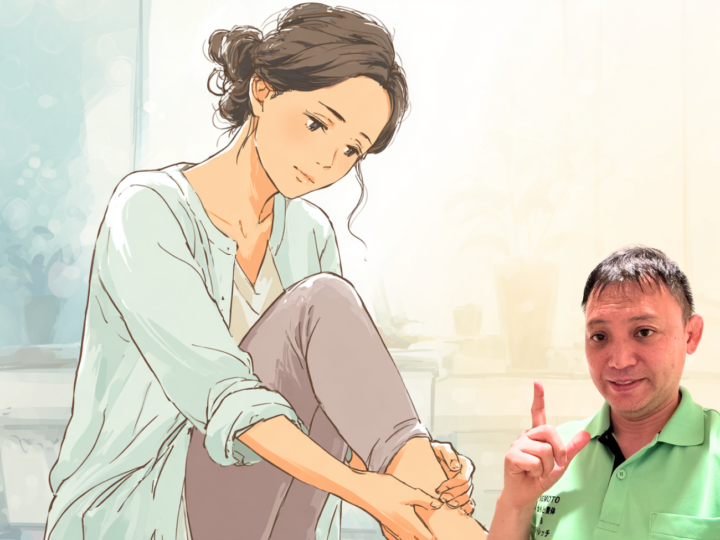 足首の痛みで悩む女性のイラストと、足関節の重要性を説明する整体師。登戸・向ヶ丘遊園のねもと整体&ストレッチスタジオでは、足首の可動域を整える整体で歩行や姿勢の改善をサポートしています