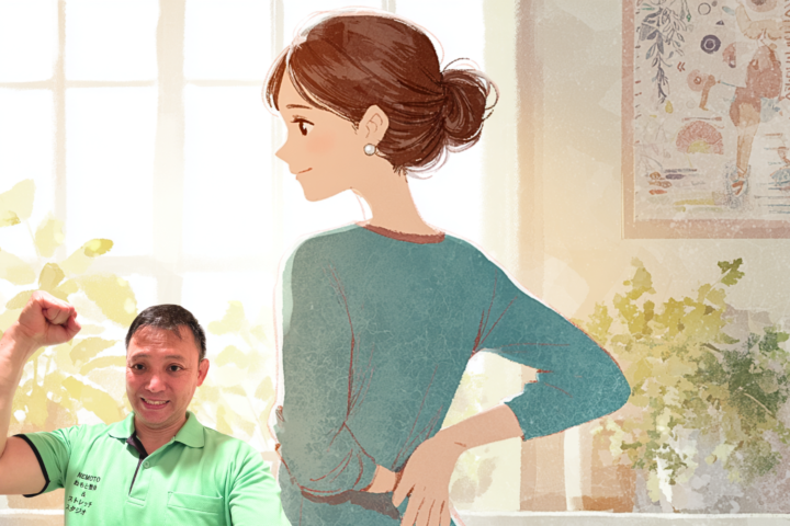 腰痛の違和感を感じた女性が明るい部屋で腰に手を当て、整体師が笑顔で応援するイラスト。ぎっくり腰の予防と早めの対処で健康を守るイメージ。ねもと整体＆ストレッチスタジオの腰痛予防・健康維持サポート