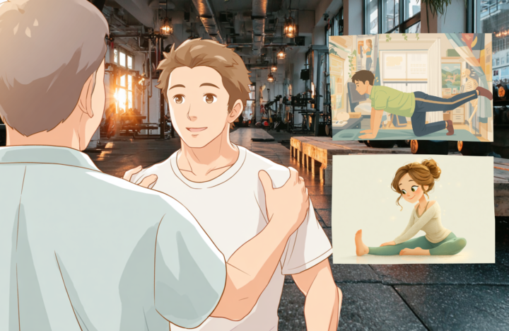 ストレッチと運動をしている男女