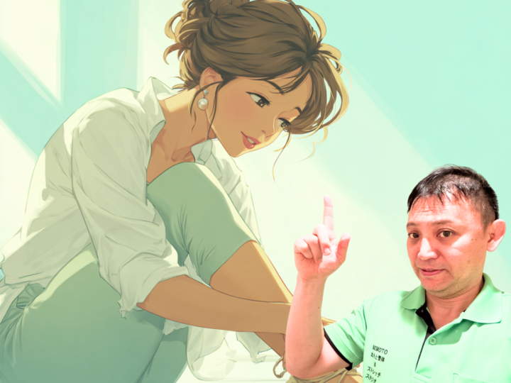 ねもと整体&ストレッチスタジオ院長が、足の不調に悩む女性イラストを指しながら説明している画像。関節の遊び不足や整体アドバイスを表現