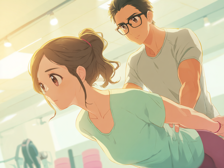 背筋トレーニングの指導受けている３０代女性