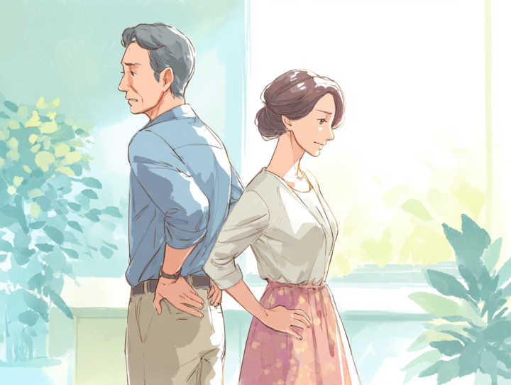 ぎっくり腰になりそうな違和感を感じて腰を押さえる50代の日本人男女のイラスト。明るい整体院の室内で不安そうに立つ姿を描いたシーン。早めの整体ケアの大切さを伝える健康・予防イメージ