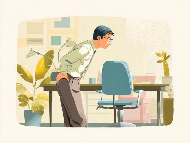 立ち上がって腰に手を当てている５０代男性