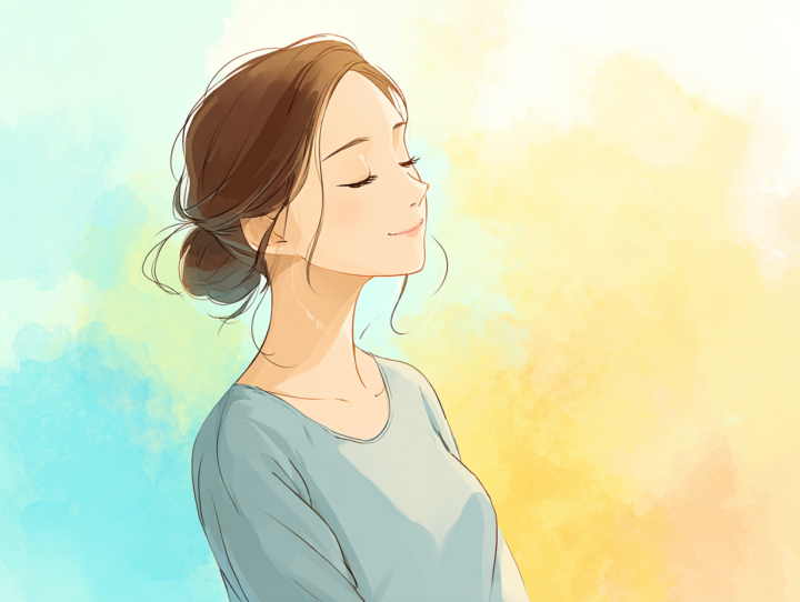 深呼吸でリラックスする女性のイラスト。自律神経を整え、心身のバランスを回復するイメージ。整体やストレッチ後の落ち着いた状態を表現