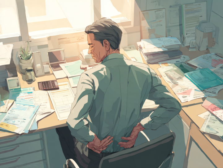 長時間のデスクワークで腰に負担を感じる40代日本人男性のイラスト。書類に囲まれたオフィスで腰を押さえ、ぎっくり腰や腰痛の兆候を表現。予防と姿勢改善の重要性を伝えるシーン