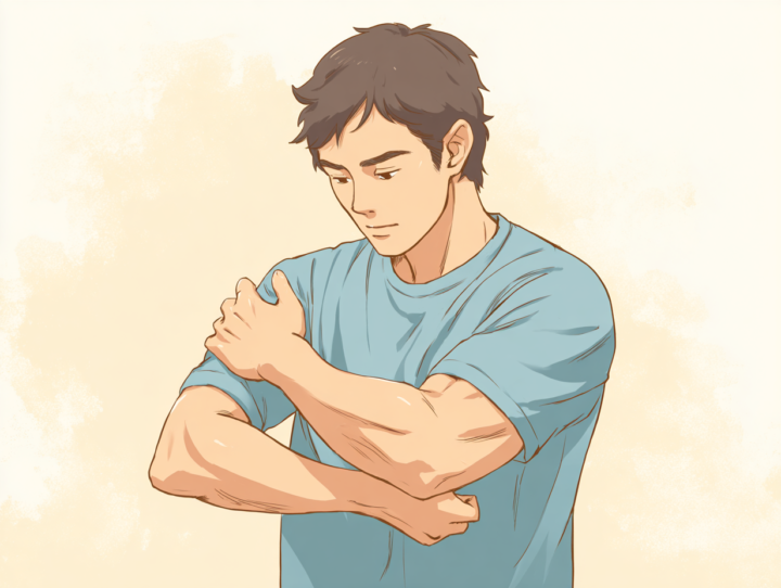 上腕に手を当てている４０代の男性