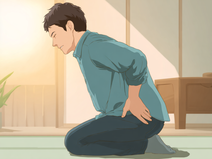 ぎっくり腰で腰を押さえて苦痛の表情をする日本人男性のイラスト。正座の姿勢で自己流ストレッチを試みている様子。室内で明るい光が差し込み、腰痛や急性腰痛に関する説明に適したイメージ