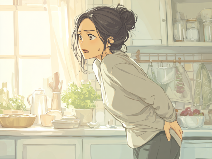 キッチンで腰を押さえ、ぎっくり腰の痛みに驚いている日本人女性のイラスト。家事中に腰を痛めた瞬間の様子を描いたシーンで、明るい室内の自然光と清潔感のある雰囲気が特徴