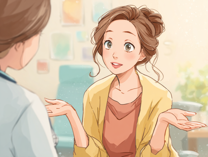 施術回数について質問する日本人女性と整体師のカウンセリング場面のイラスト。明るい背景でリラックスした雰囲気の整体院相談シーン