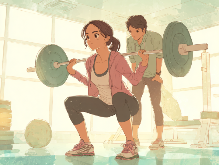 日本人女性がジムでバーベルスクワットを行い、トレーナーが後ろからフォームをチェックしているイラスト。正しいスクワット姿勢や腰痛予防トレーニングの解説に使える画像
