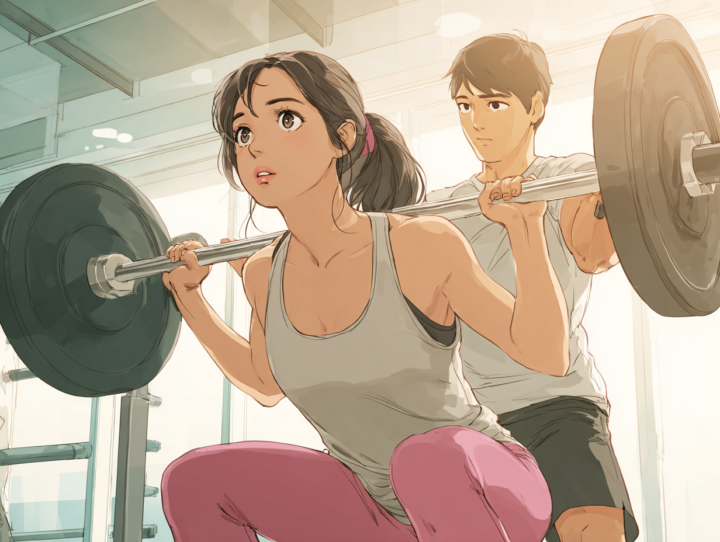 バーベルスクワットをする日本人女性とサポートするトレーナーのイラスト|正しいフォームと腰痛予防のポイント