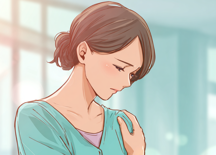 五十肩で肩を抑える女性　整体を受けるか？迷う？