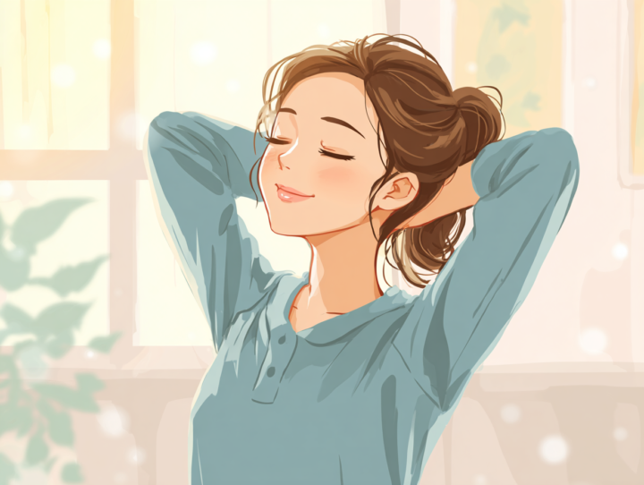 リラックスした表情で首と肩を軽く伸ばしている日本人女性。明るい室内で血流を促し、肩こりや首のこりを予防するストレッチをしている様子。健康的で穏やかな雰囲気のイラスト