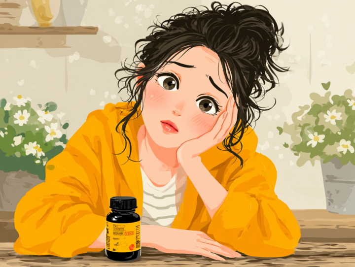 頭痛に悩む日本人女性がテーブルに座り、頭痛薬のボトルを見つめながら不安そうな表情をしているイラスト。明るい室内背景に観葉植物や花が飾られ、リラックスした雰囲気の中で頭痛や薬の使用に悩む様子を表現。頭痛薬の飲みすぎや慢性的な頭痛への注意を促すイメージ