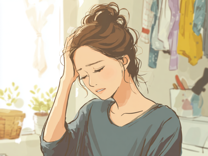 頭痛に悩む30代の日本人女性が、家事の合間に疲れた表情でこめかみを押さえているイラスト。背景は明るい室内で、洗濯物や観葉植物が見える。ストレスや肩こりによる頭痛のイメージ
