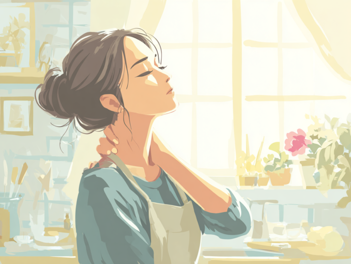 40代の日本人女性がキッチンで首のこりを感じ、手で首を押さえているイラスト。家事やデスクワークによる肩こりや緊張型頭痛の不調を表現し、整体やストレッチの重要性を示す内容。