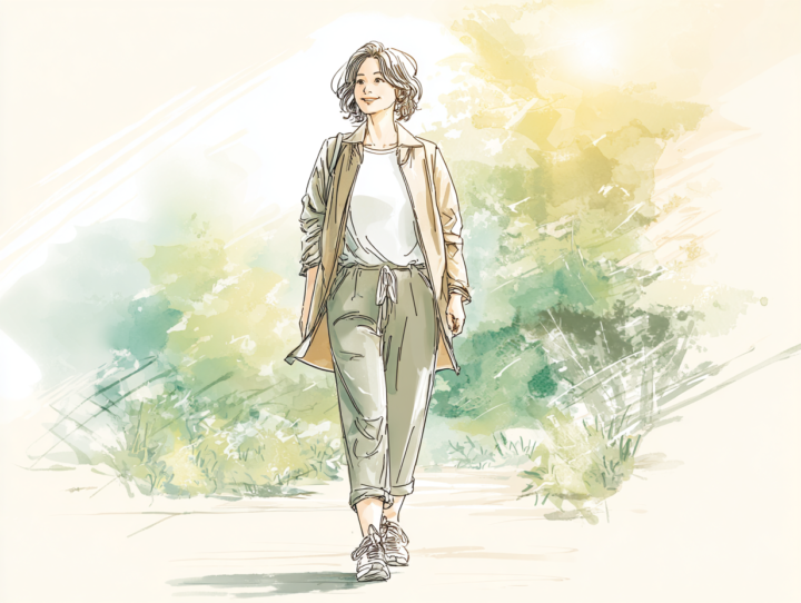 50代の日本人女性が公園をゆっくり歩くイラスト。肩や首のこりを改善するためにウォーキングを行い、血流を促進して頭痛を予防する様子。明るく爽やかな背景で健康的なライフスタイルを表現