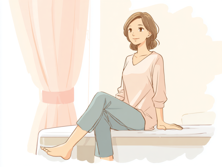 整体後に足の軽さを感じ、リラックスした表情でベッドに座る日本人女性のイラスト。足関節を含む全身の関節調整により、体のゆがみや慢性痛が改善し、自然な姿勢を取り戻した様子