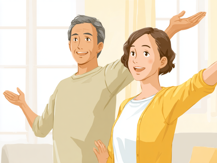 50〜60代の日本人夫婦が笑顔で腕を広げ、軽い体操をしているイラスト。明るい室内で楽しそうに体を動かす姿を通じて、健康維持やぎっくり腰予防の大切さを伝えるシーン