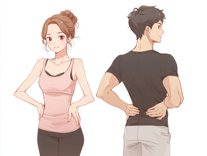 お腹と腰に手を当てている男女