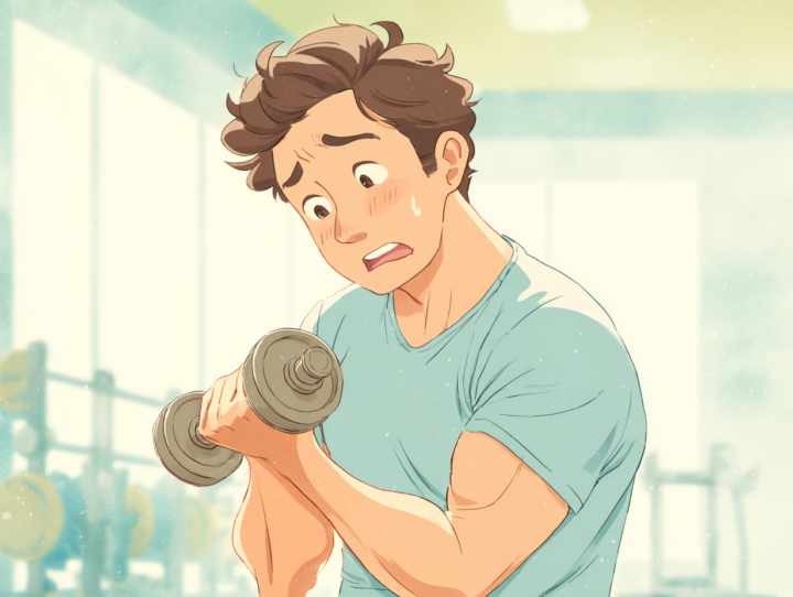 ダンベルを重そうに持っている３０代の男性