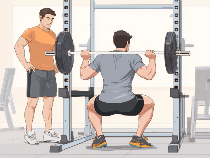 バーベルスクワットを行う男性とフォームをチェックするトレーナーのイラスト|正しいスクワット姿勢と腰痛予防