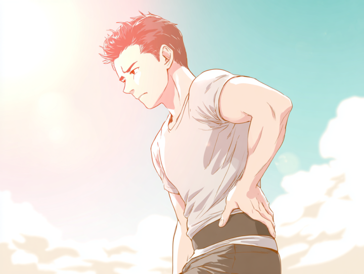 運動中に腰痛を感じて腰に手を当てる日本人男性のイラスト。腰の張りやぎっくり腰の原因説明に使える画像