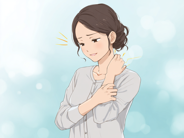 首に手を当てている３０代の女性