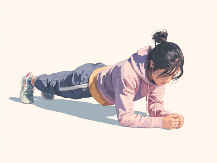 プランクをする日本人女性のイラスト。体幹トレーニングや姿勢改善、腰痛予防の解説に使える運動イラスト