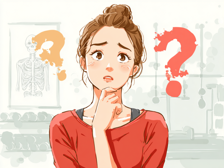 トレーニングや体の不調について悩み、疑問を抱える表情の日本人女性イラスト。背景に骨格図やクエスチョンマークが描かれ、整体や腰痛の原因に関する解説記事向けの画像